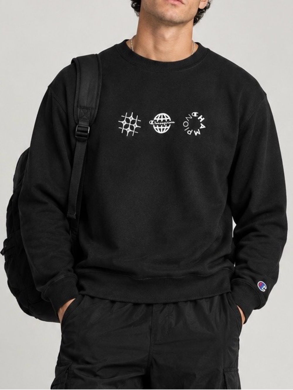 Champion Black Crewneck Sweatshirt with White Chest Graphics